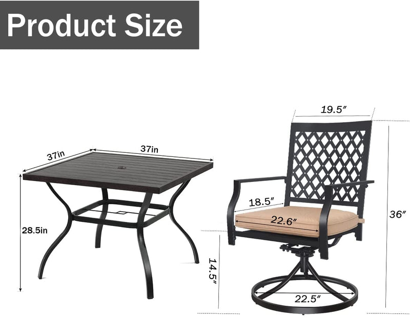 Outdoor Dining Set of 5, 4 Patio Metal Swivel Chairs with Cushions and 1 Square Metal Dining Table with 1.57" Umbrella Hole