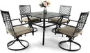 Patio Dining Set 5 PCs, 4 Swivel Rock Chairs with Cushions and Square Metal Dining Table with 2.25" Umbrella Hole for Garden Bistro Backyard