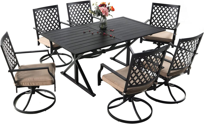 7 Pcs Patio Dining Set, Outdoor Swivel Chairs with Cushions and Armrests, 63" Rectangle Dining Table with 1.6"-2" Umbrella Hole, Bistro Garden Dining Set for 6 Persons