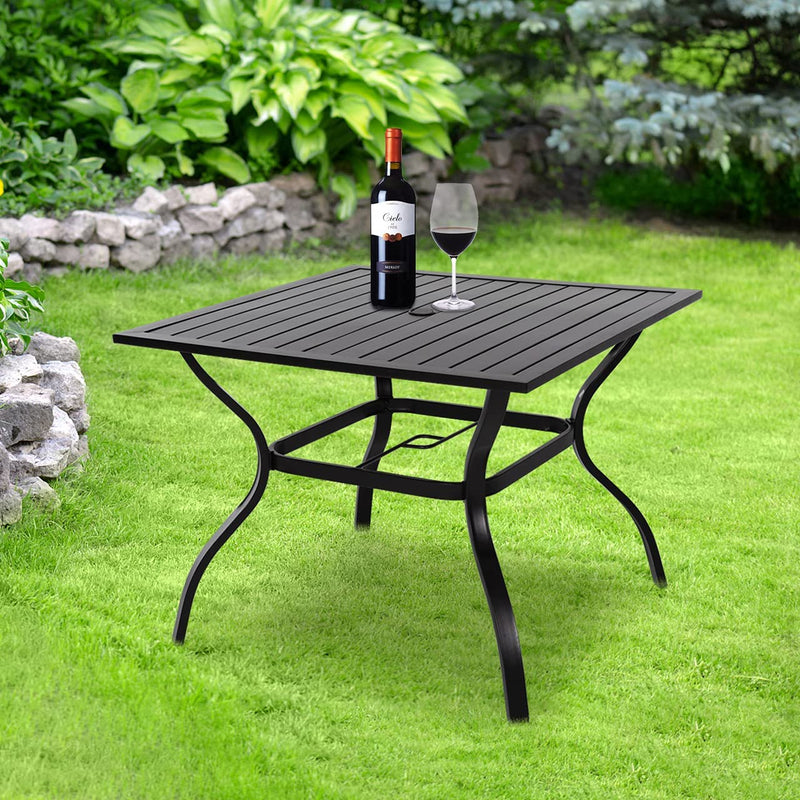 Outdoor Metal Patio Dining Table with Umbrella Hole, Metal Steel Square Backyard Bistro Table for Garden,Poolside,Backyard,Black